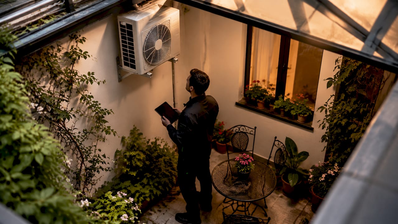 Un especialista revisando el aire acondicionado en el patio interior