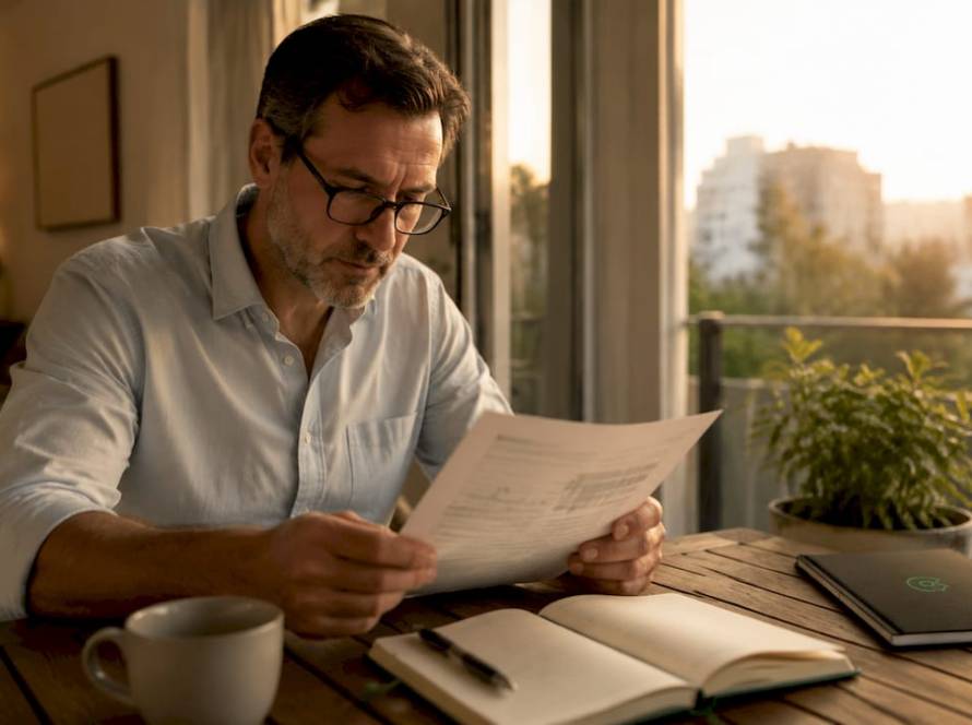 Un hombre revisa un documento sobre su jubilación y las prestaciones por desempleo.