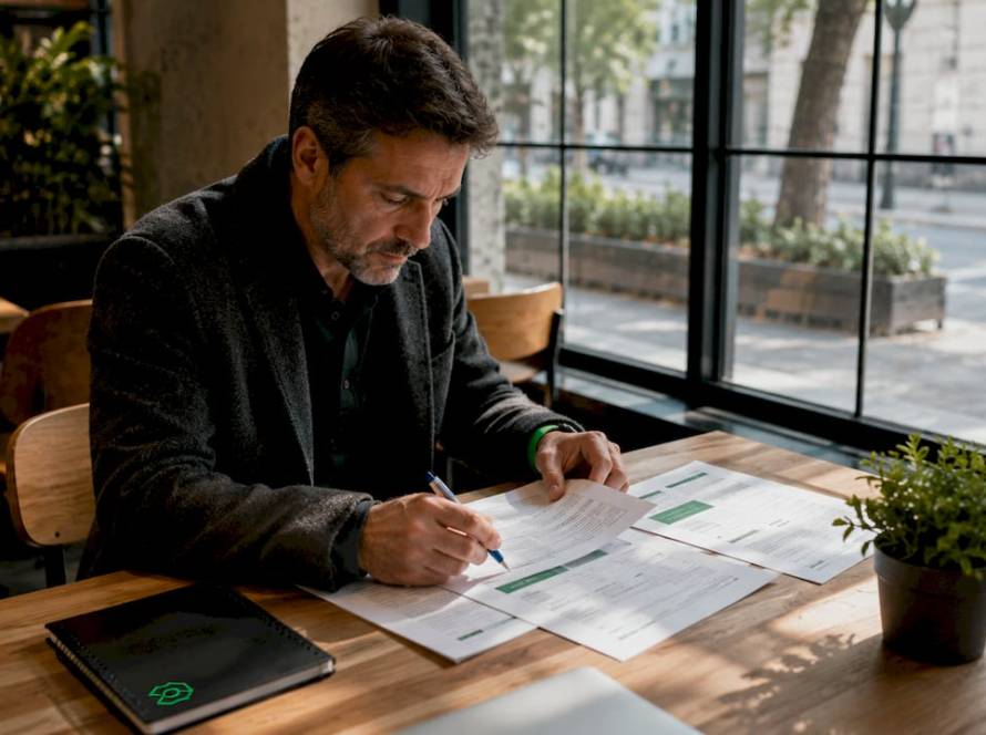 Empresario revisando informes de consultoría