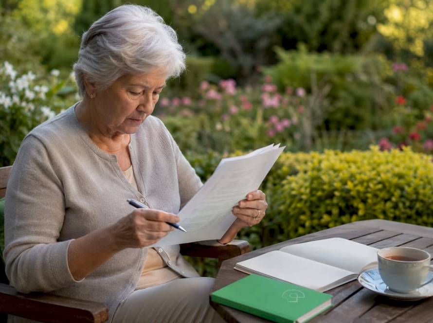 Señora de edad revisando papeles relacionados con la venta de su casa