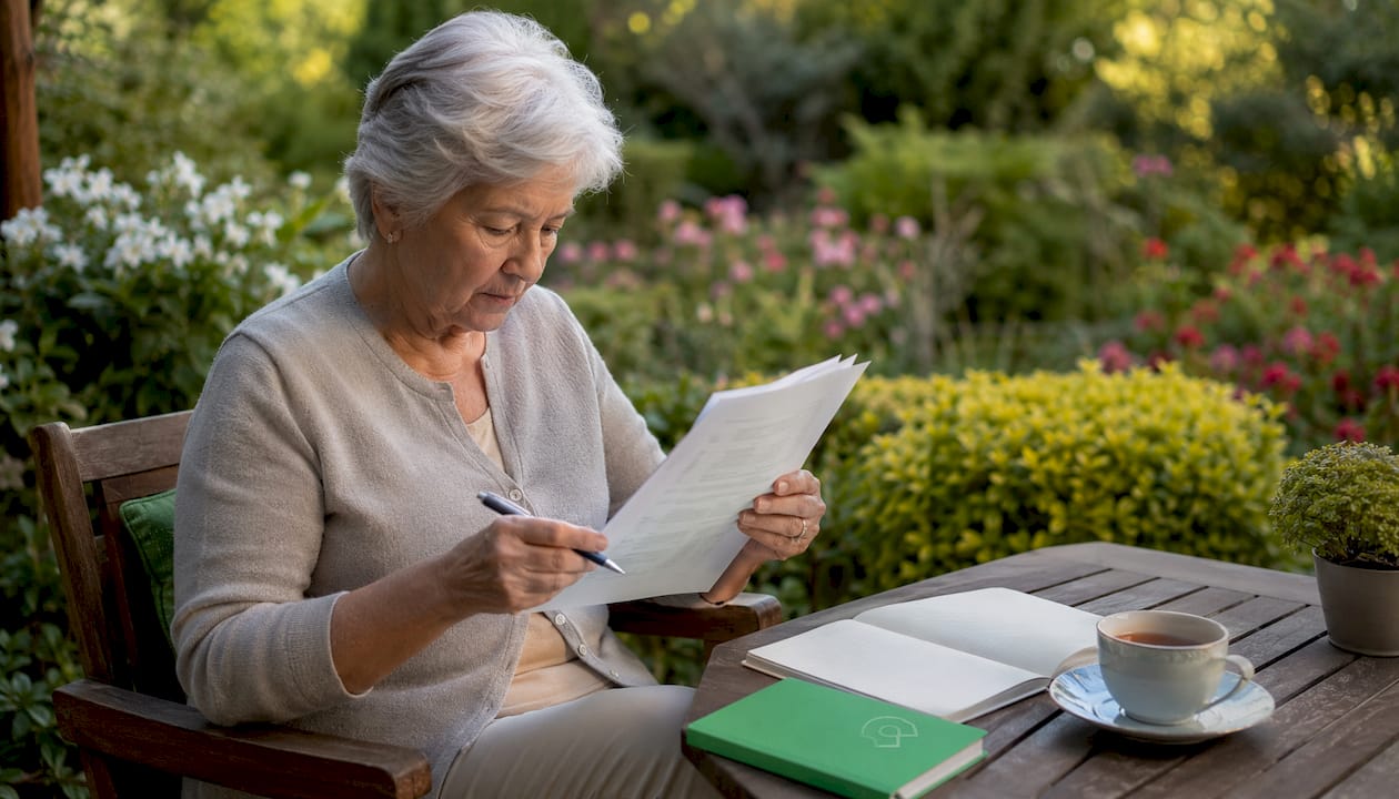 Señora de edad revisando papeles relacionados con la venta de su casa