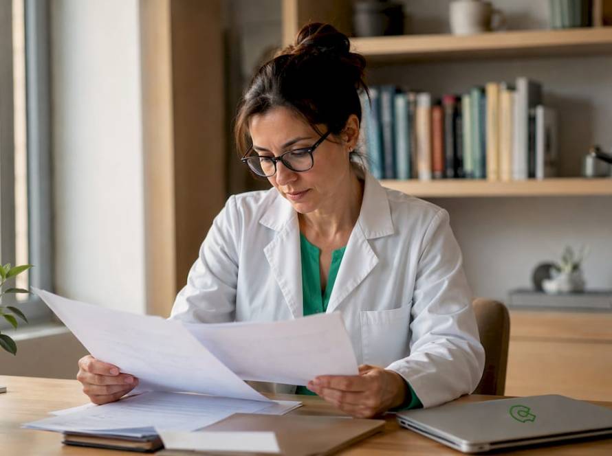 Doctora revisando la historia clínica de un paciente en la consulta