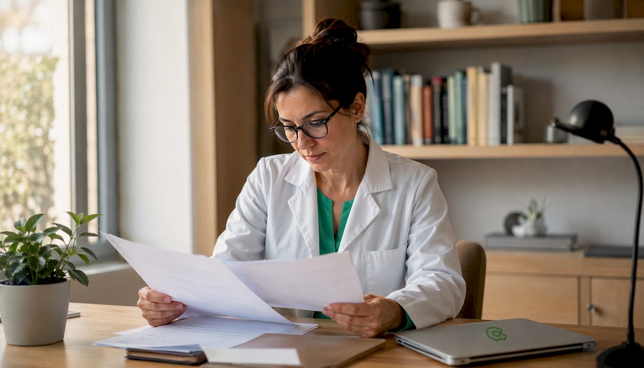 Doctora revisando la historia clínica de un paciente en la consulta