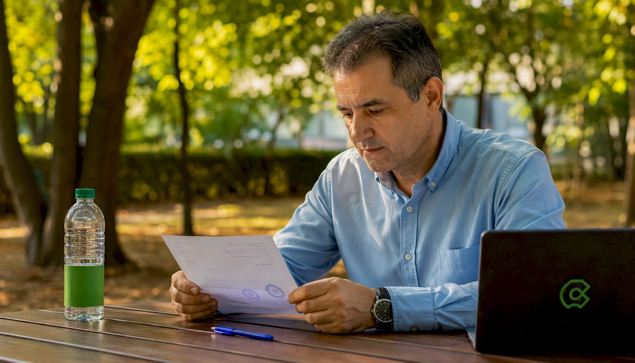 Manos revisando un permiso de trabajo junto a documentos oficiales