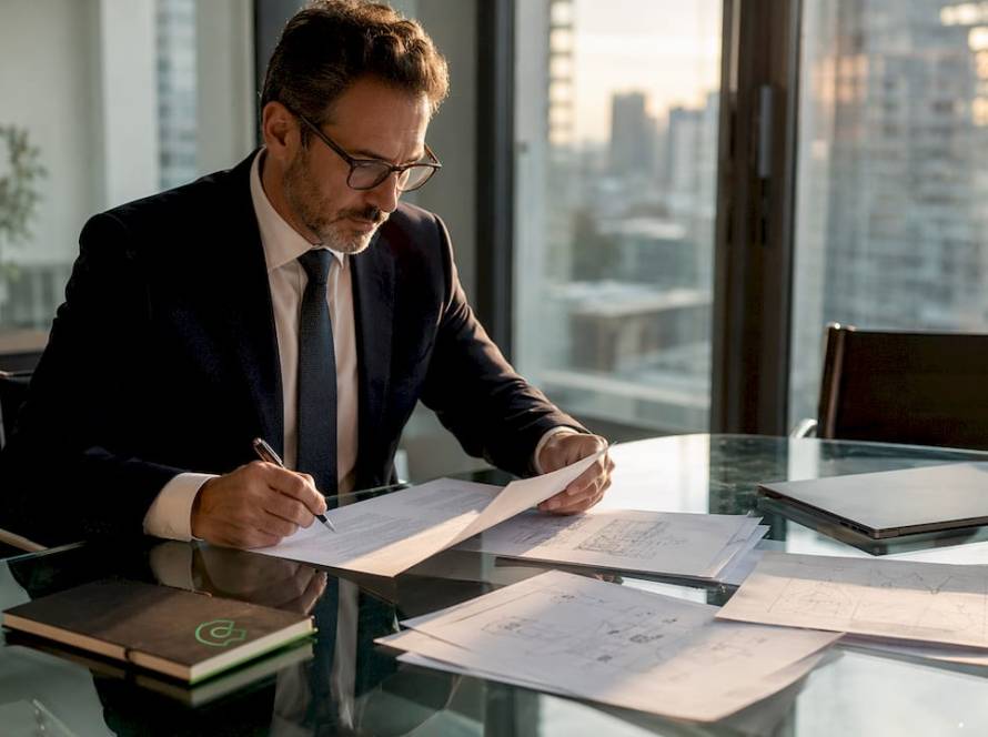 Abogado analizando detenidamente un contrato en su despacho de estilo clásico.