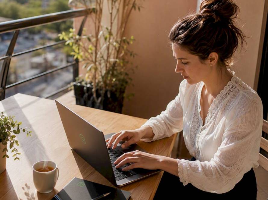 Una abogada trabaja desde su despacho en casa, aprovechando la inteligencia artificial para optimizar sus tareas legales.