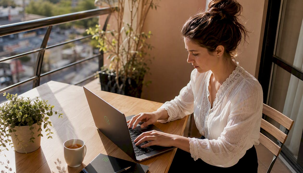 Una abogada trabaja desde su despacho en casa, aprovechando la inteligencia artificial para optimizar sus tareas legales.