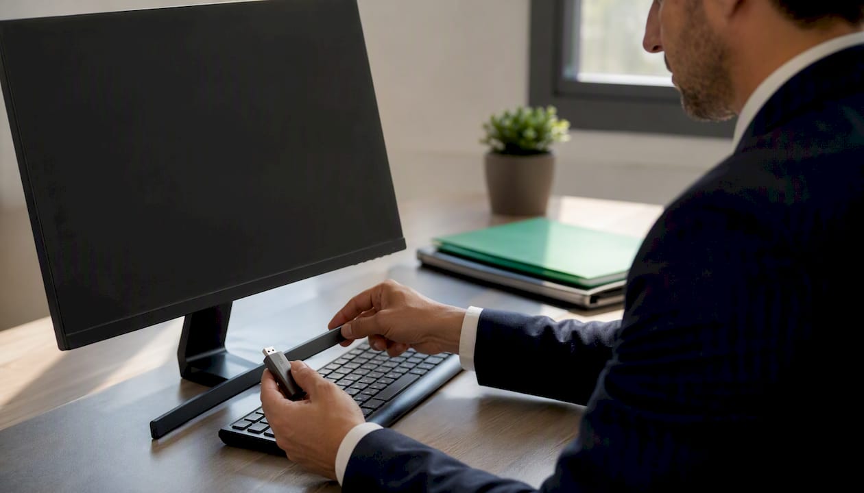 Una persona conecta su token de certificado digital al ordenador para acceder de forma segura.
