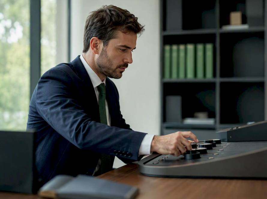 Unas manos manipulando los controles de una consola técnica