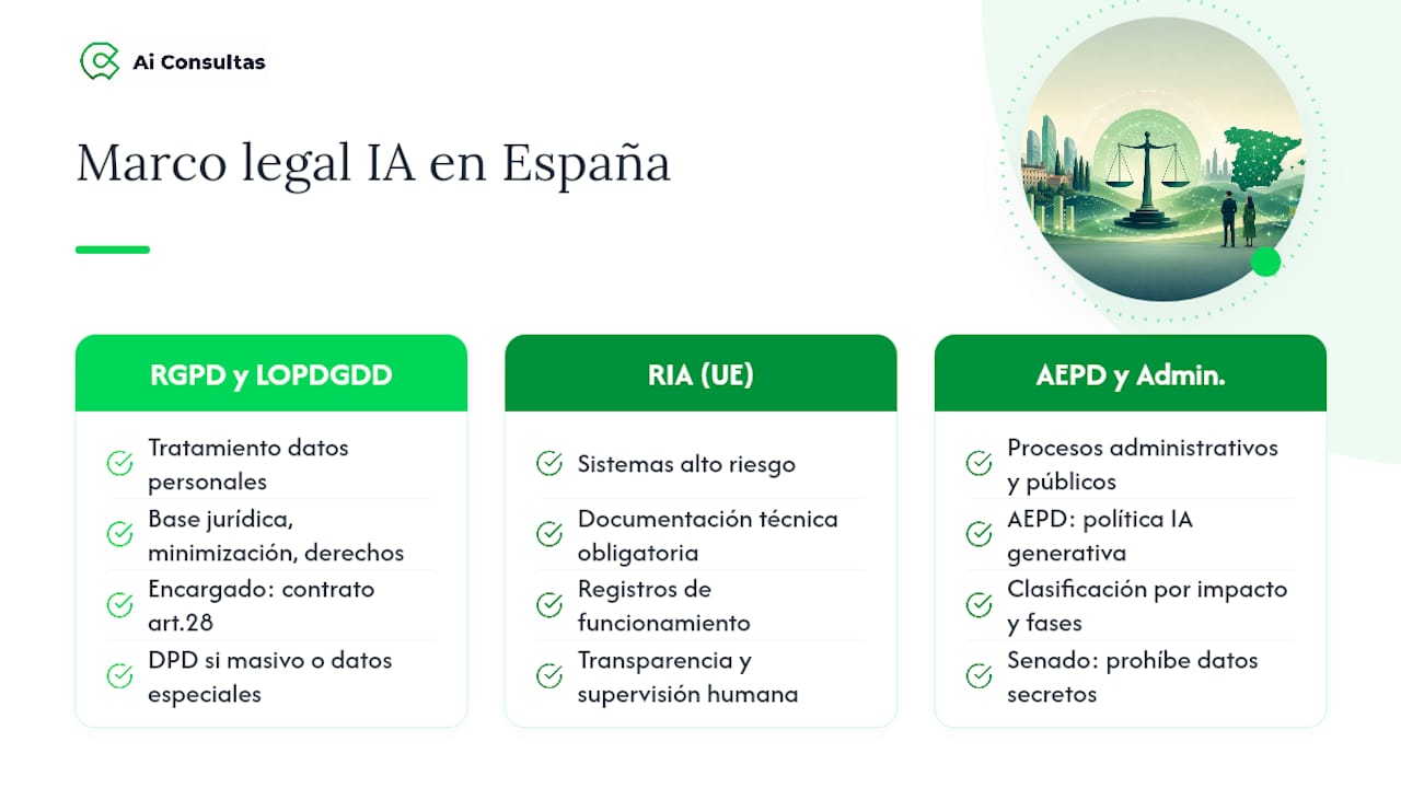 Marco legal en España: RGPD, LOPDGDD, RIA y directrices públicas — overview diagram
