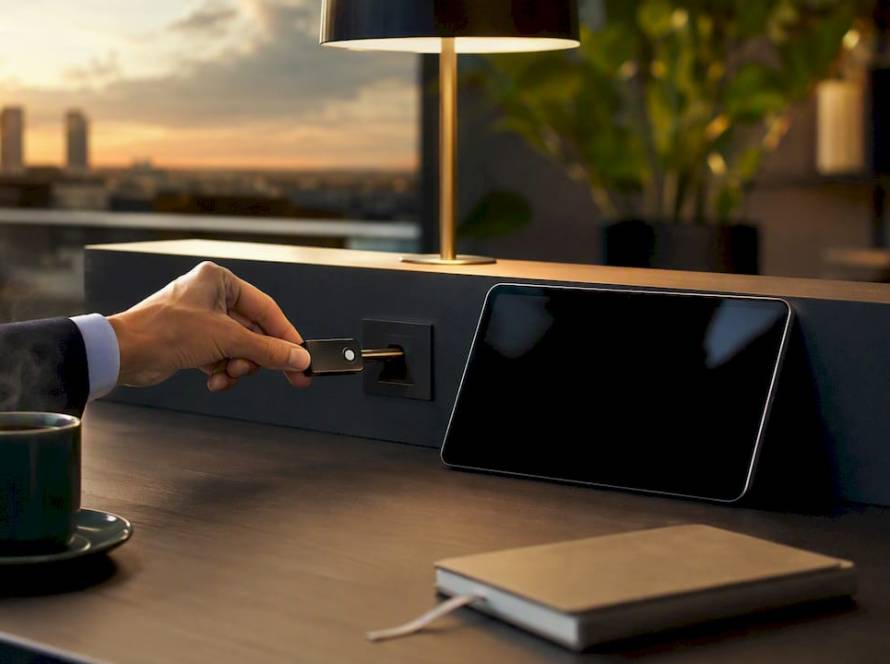 Una mano insertando una llave digital en un dispositivo que está apagado