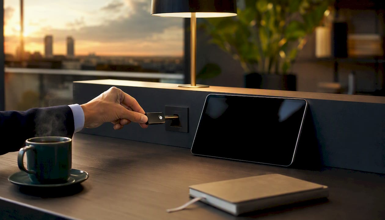 Una mano insertando una llave digital en un dispositivo que está apagado