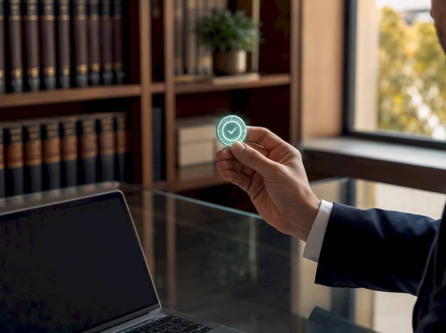Una persona sostiene un token digital de verificación en una oficina jurídica.