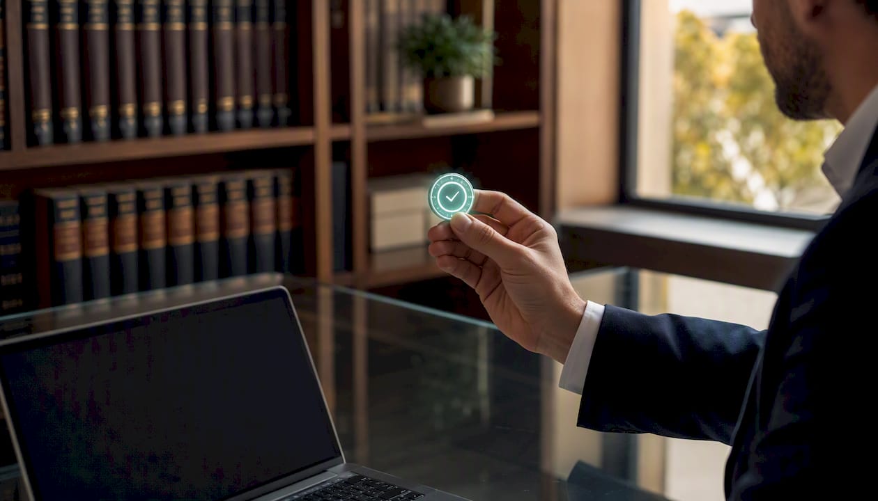 Una persona sostiene un token digital de verificación en una oficina jurídica.