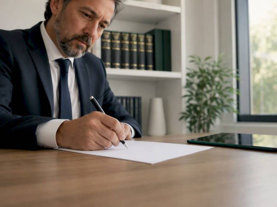 Primer plano de la mano de un abogado escribiendo con bolígrafo sobre una tableta en su despacho.