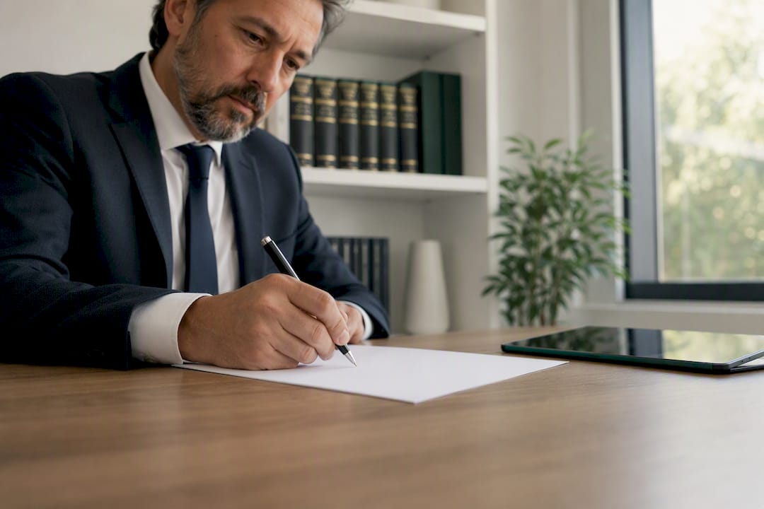 Primer plano de la mano de un abogado escribiendo con bolígrafo sobre una tableta en su despacho.