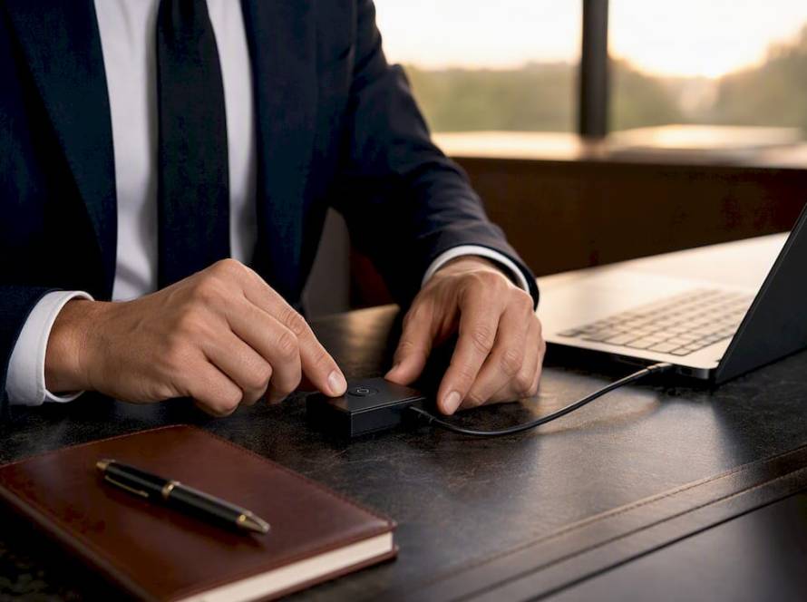 Unas manos acomodan un dispositivo de seguridad sobre el escritorio.