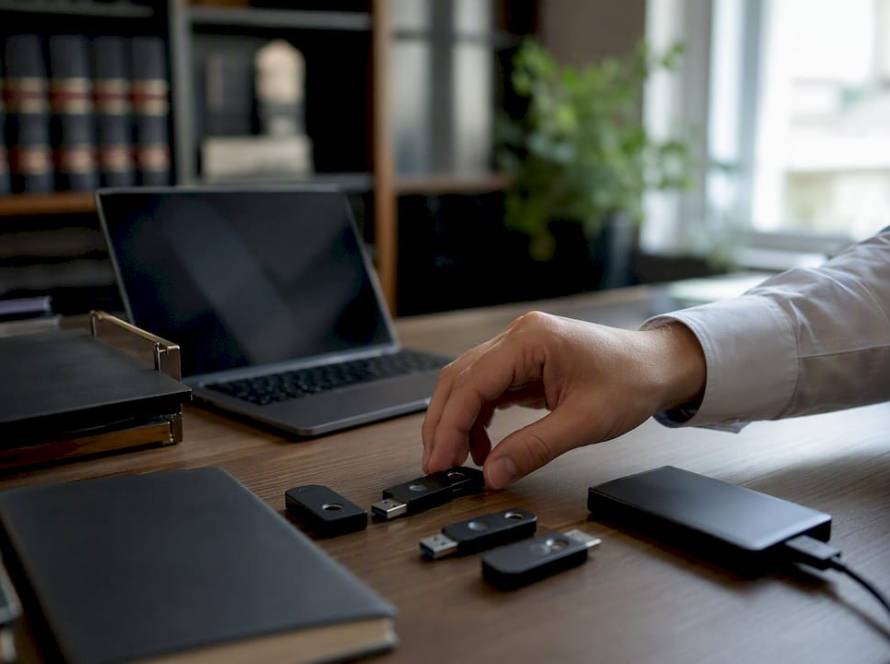 Mano ajustando tokens de seguridad sobre el escritorio