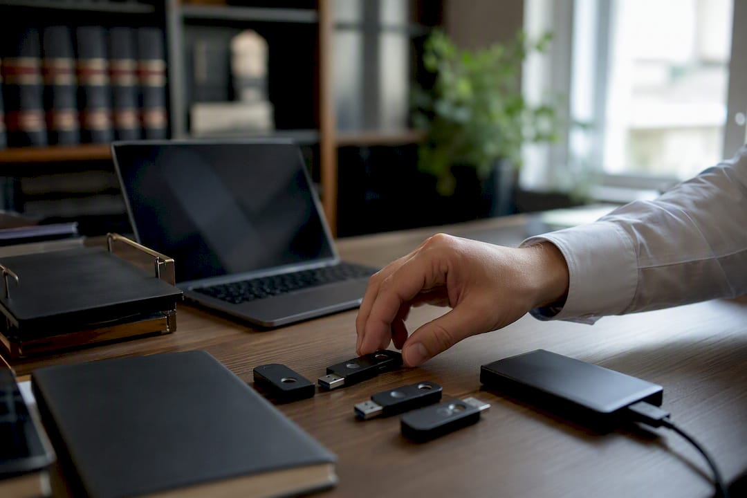 Mano ajustando tokens de seguridad sobre el escritorio