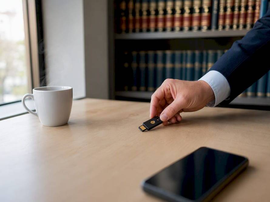 Mano colocando un token de seguridad sobre el escritorio de la oficina
