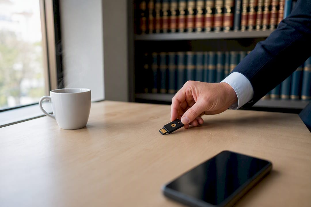 Mano colocando un token de seguridad sobre el escritorio de la oficina