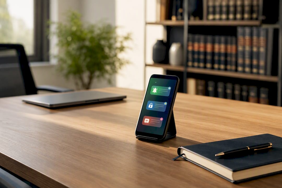 Teléfono inteligente mostrando notificaciones legales abstractas