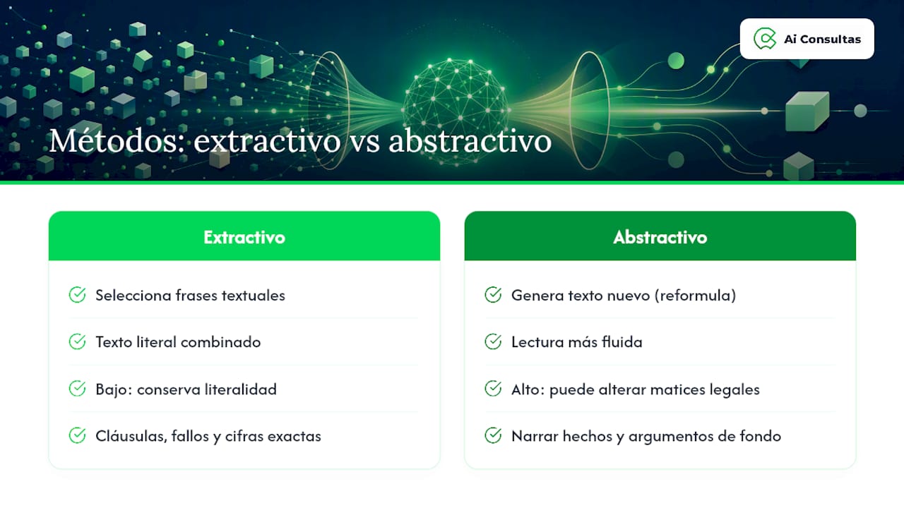 Diagrama que compara los métodos de resumen extractivo y abstractivo