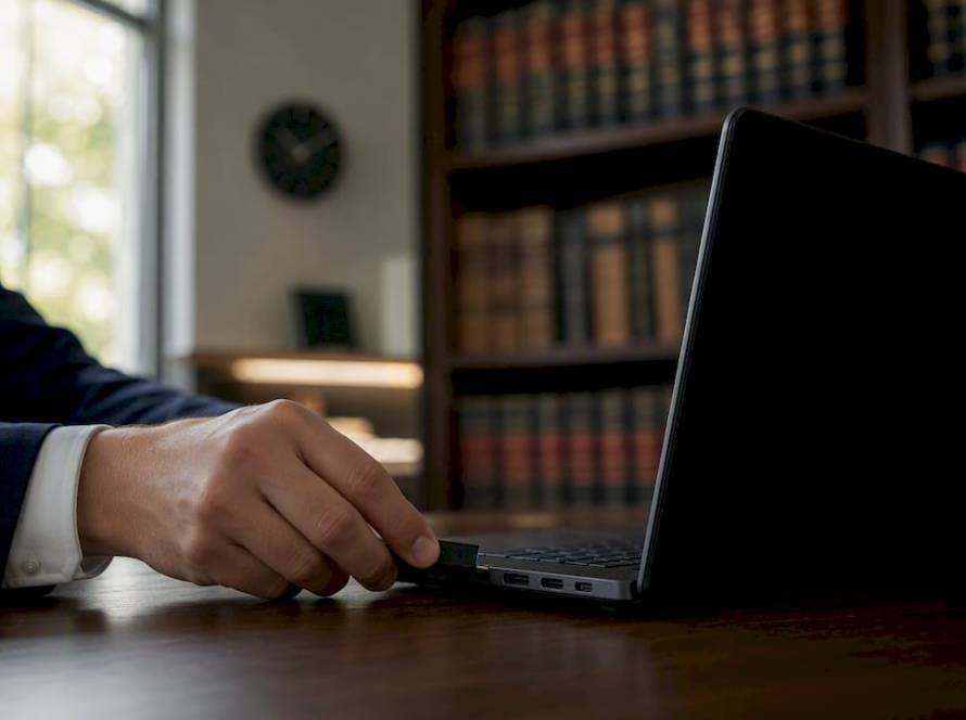 Mano insertando un token de seguridad en la base del portátil