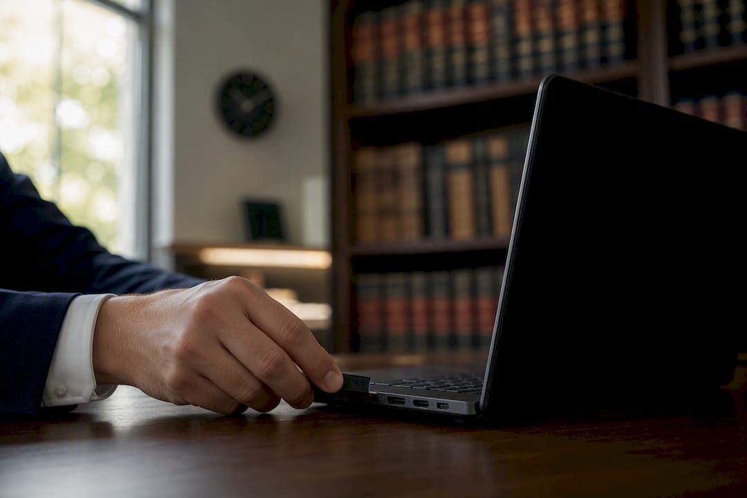 Mano insertando un token de seguridad en la base del portátil