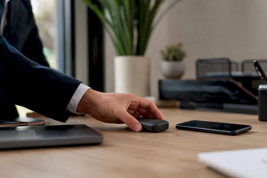 Mano colocando un token de seguridad sobre un escritorio legal