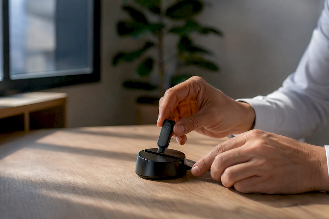 Manos colocando un token de seguridad en una oficina legal