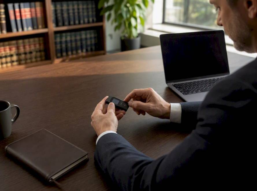 Manos colocando un token de seguridad sobre un escritorio legal