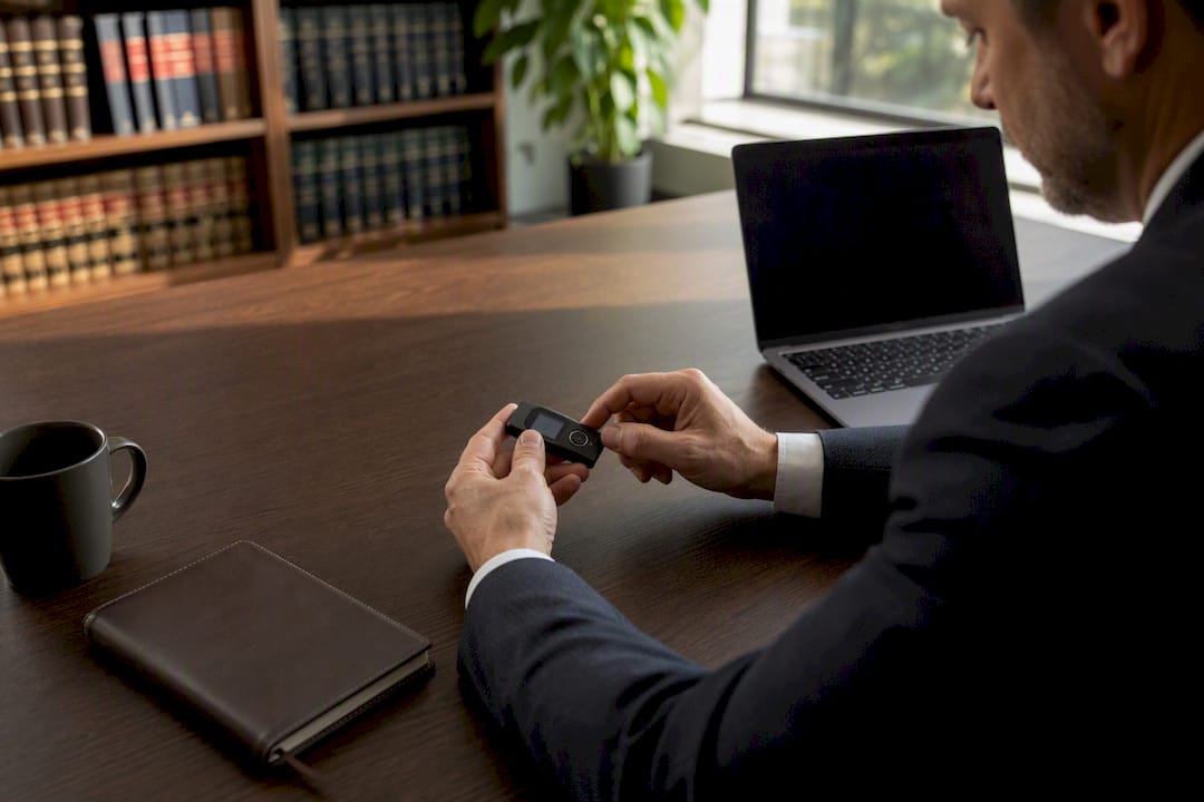 Manos colocando un token de seguridad sobre un escritorio legal