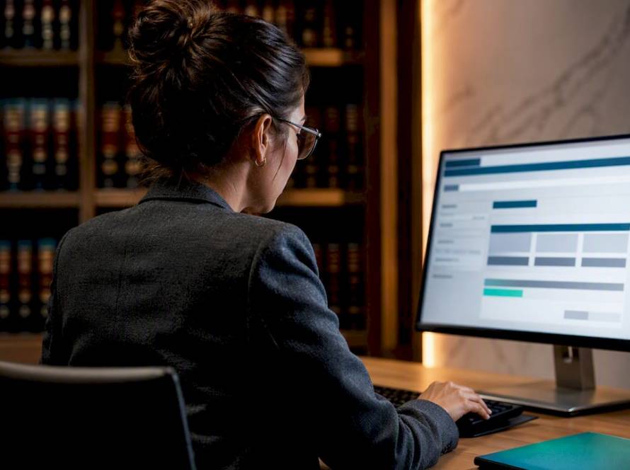 Investigadora revisando sentencias judiciales oficiales