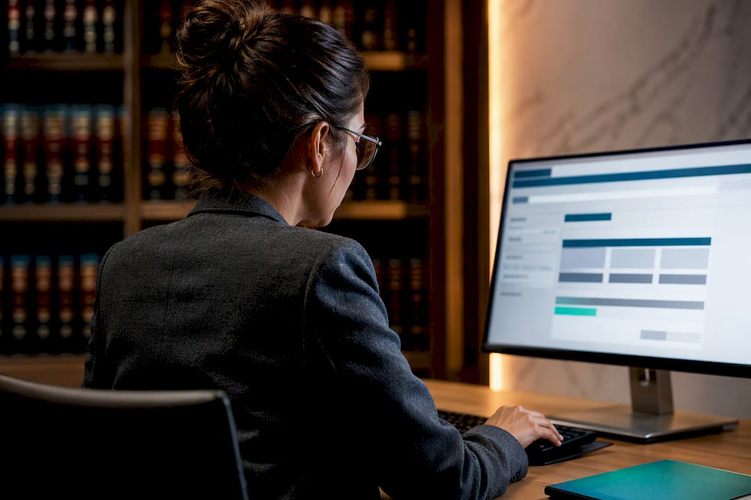 Investigadora revisando sentencias judiciales oficiales