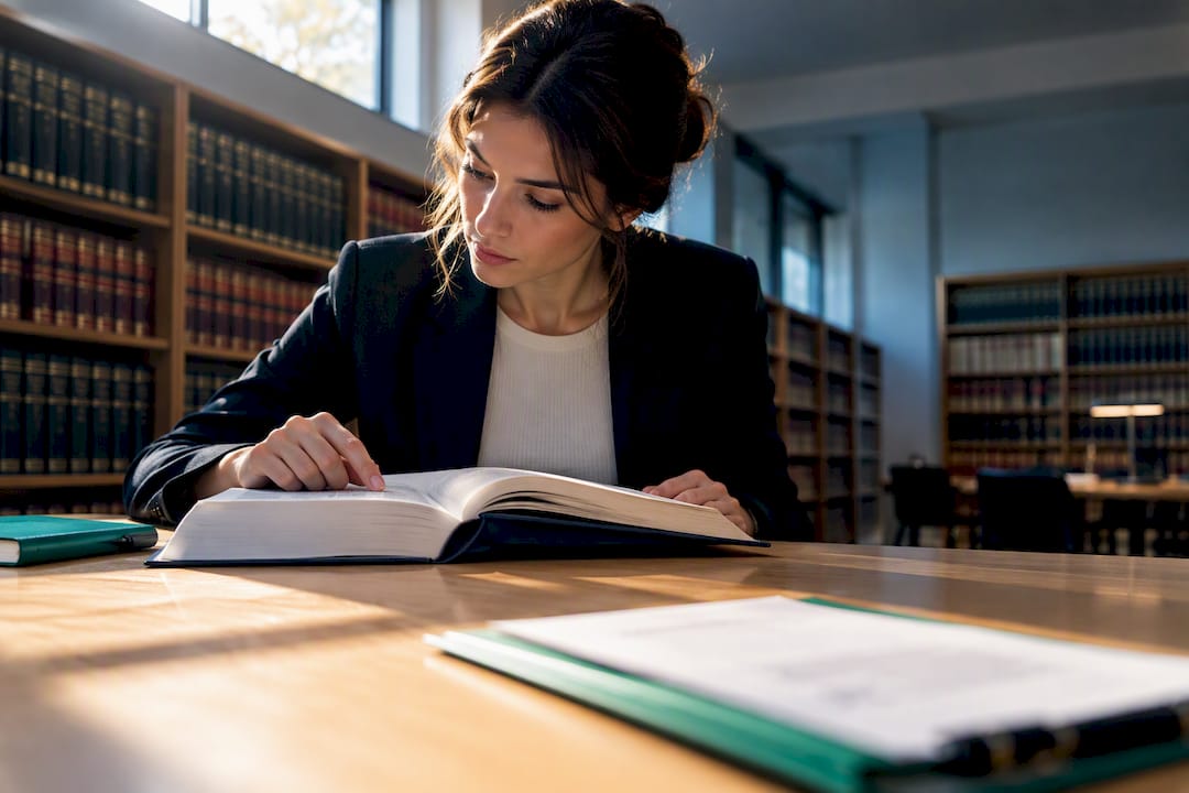 Investigadora comprobando una referencia jurídica