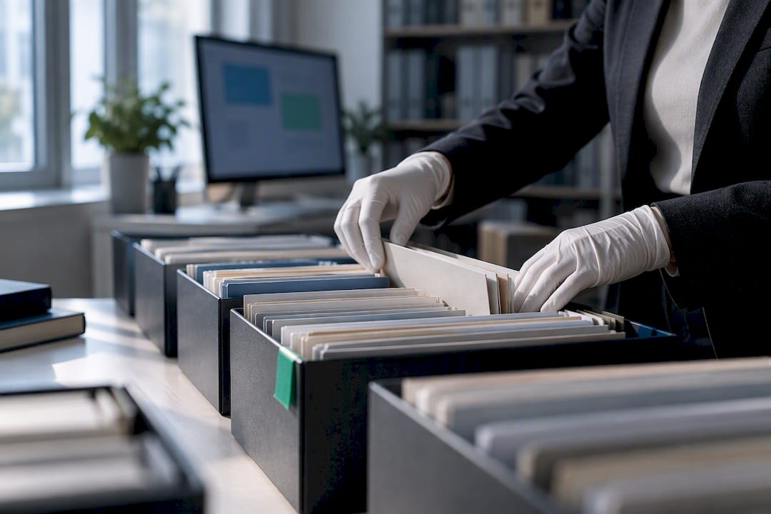 Manos organizando expedientes legales con IA