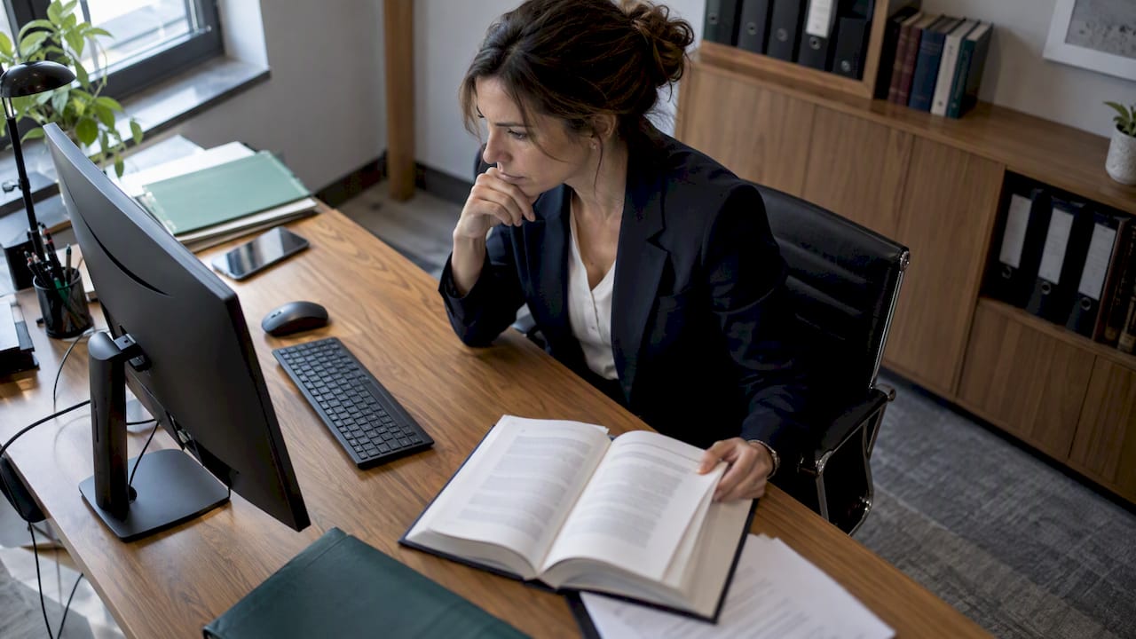 Abogada revisando una respuesta legal generada por IA