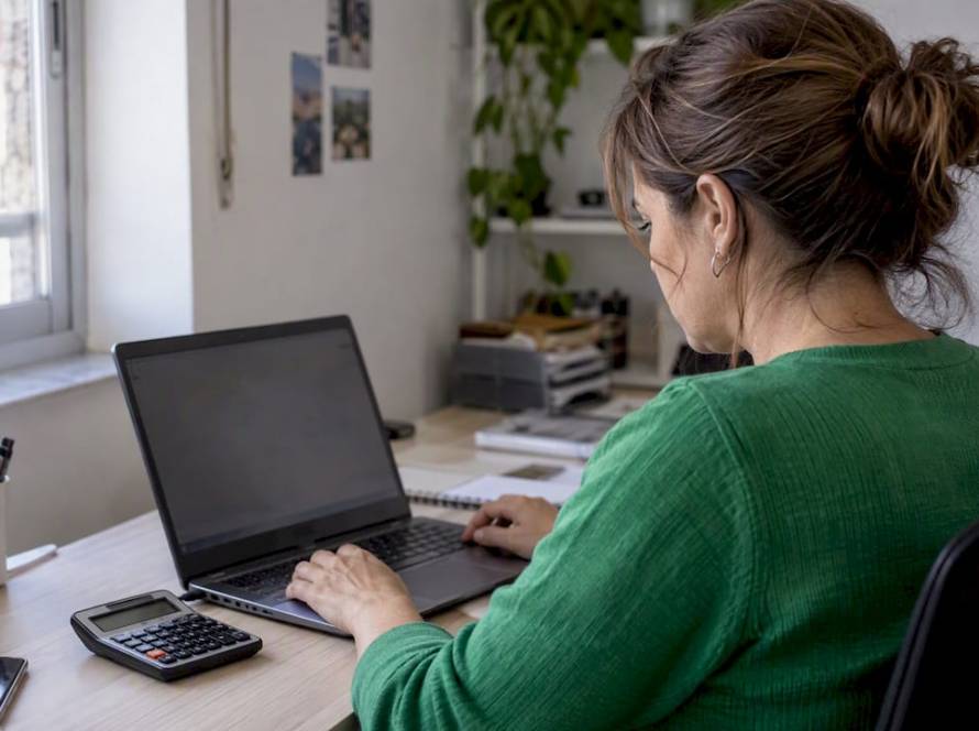 Trabajadora por cuenta propia gestionando un aplazamiento de impuestos