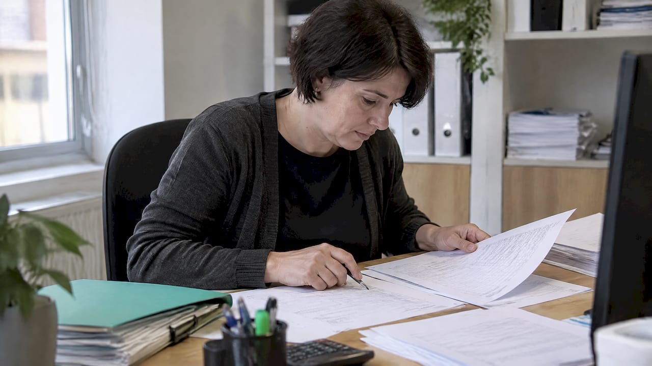 Contador comparando resúmenes fiscales trimestrales y anuales